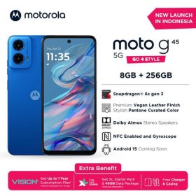 Motorola G45 5G 8+8/256GB - Up to 16GB Extended RAM - Snapdragon 6s Gen 3 - 6.5 inch Screen Size - Gorilla Glass 3 - 120Hz - 50MP Main Camera - 5000mAh - NFC - Dolby Atmos Stereo Speaker - Promo Blue