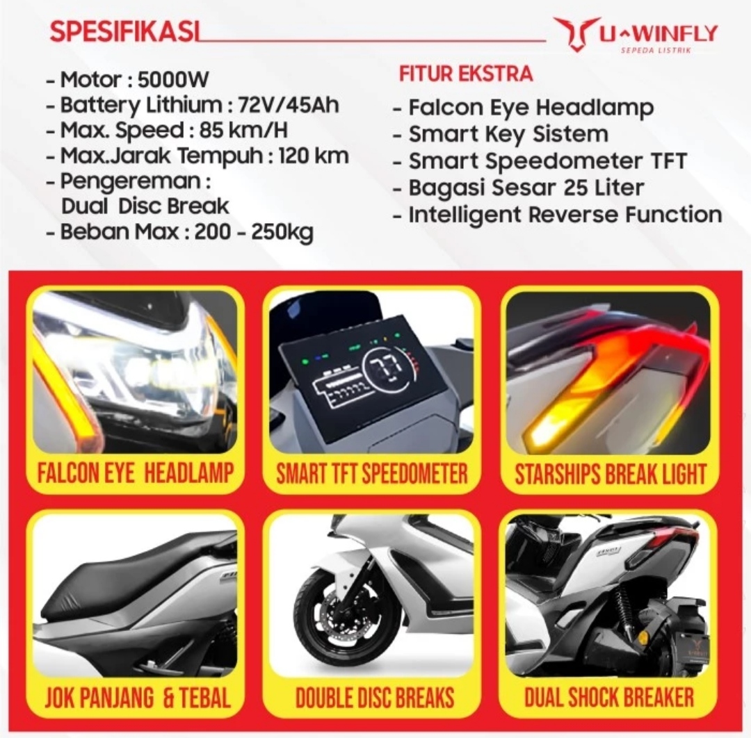 UWINFLY M100 Sepeda Motor Listrik 72V 45Ah Garansi Resmi - Gambar 3