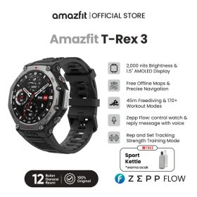 Amazfit Official T-Rex 3 48mm Smartwatch 1.5" AMOLED Screen GPS SpO2 10 ATM Waterproof Jam Tangan Digital With 170+ Sports Modes Kapasitas baterai besar 700mAh - Black