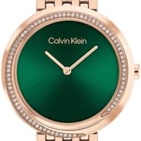 am Tangan Wanita Calvin Klein Twisted Bezel 25100068 Sunray Green Dial Rose Gold Stainless Steel Strap