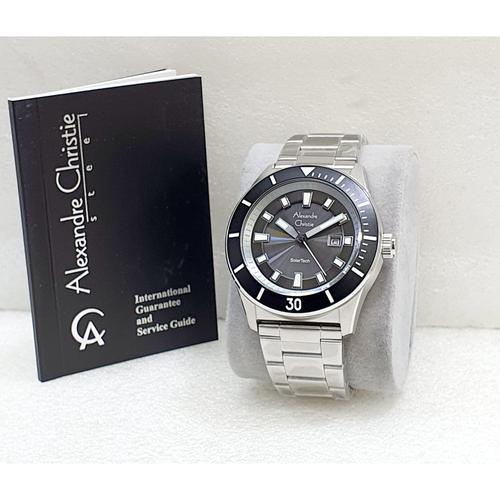 Jam pria solar tech alexandre christie 6681 rantai silver hitam dial D.45mm